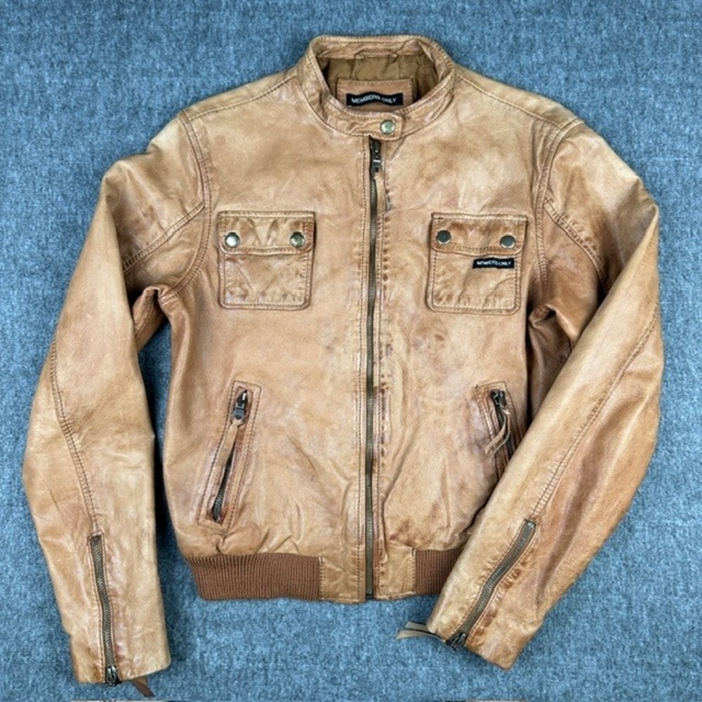 Members Only Vintage Tan Leather Cafe Racer Bomber Jacket Womens Medium
